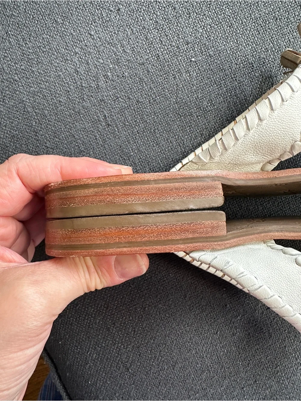 Jack Rogers White Leather Tassel Thong Sandals with Tan Footbed